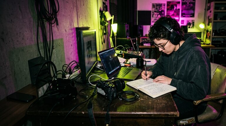 Creative professional working at a studio desk while a smartphone rests face down nearby