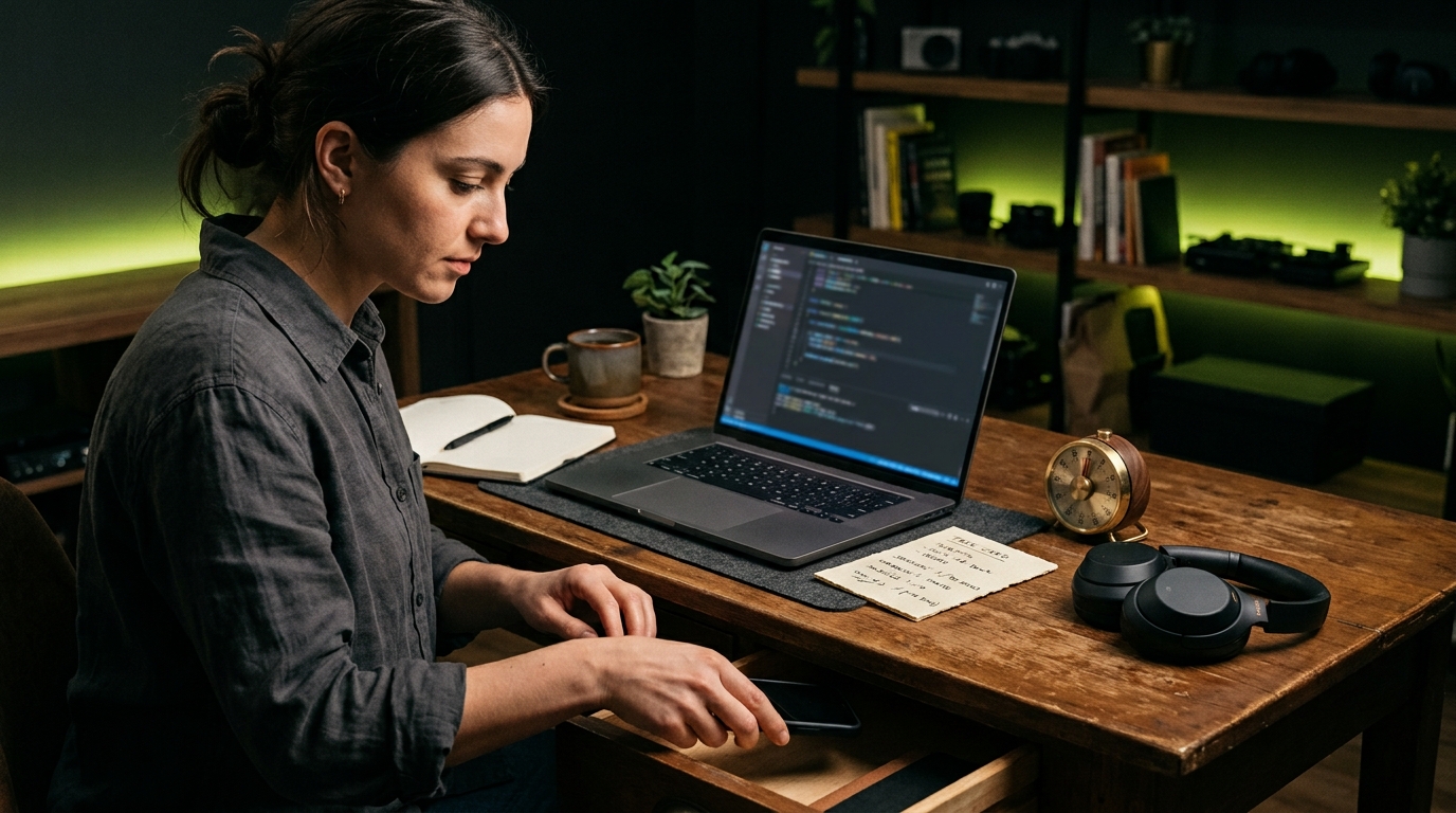 Creator placing a phone away before beginning a focused work session