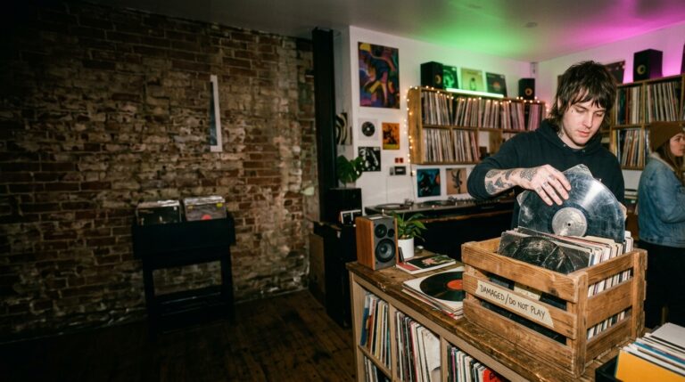 Customer placing damaged vinyl records into a collection crate inside an independent record store