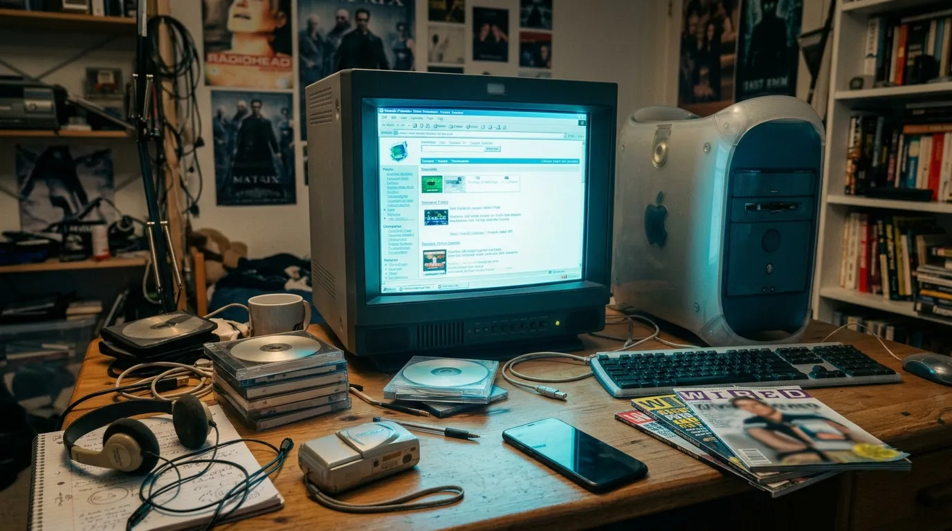 Early-2000s computer, compact camera, CDs and a modern smartphone on a digital culture desk