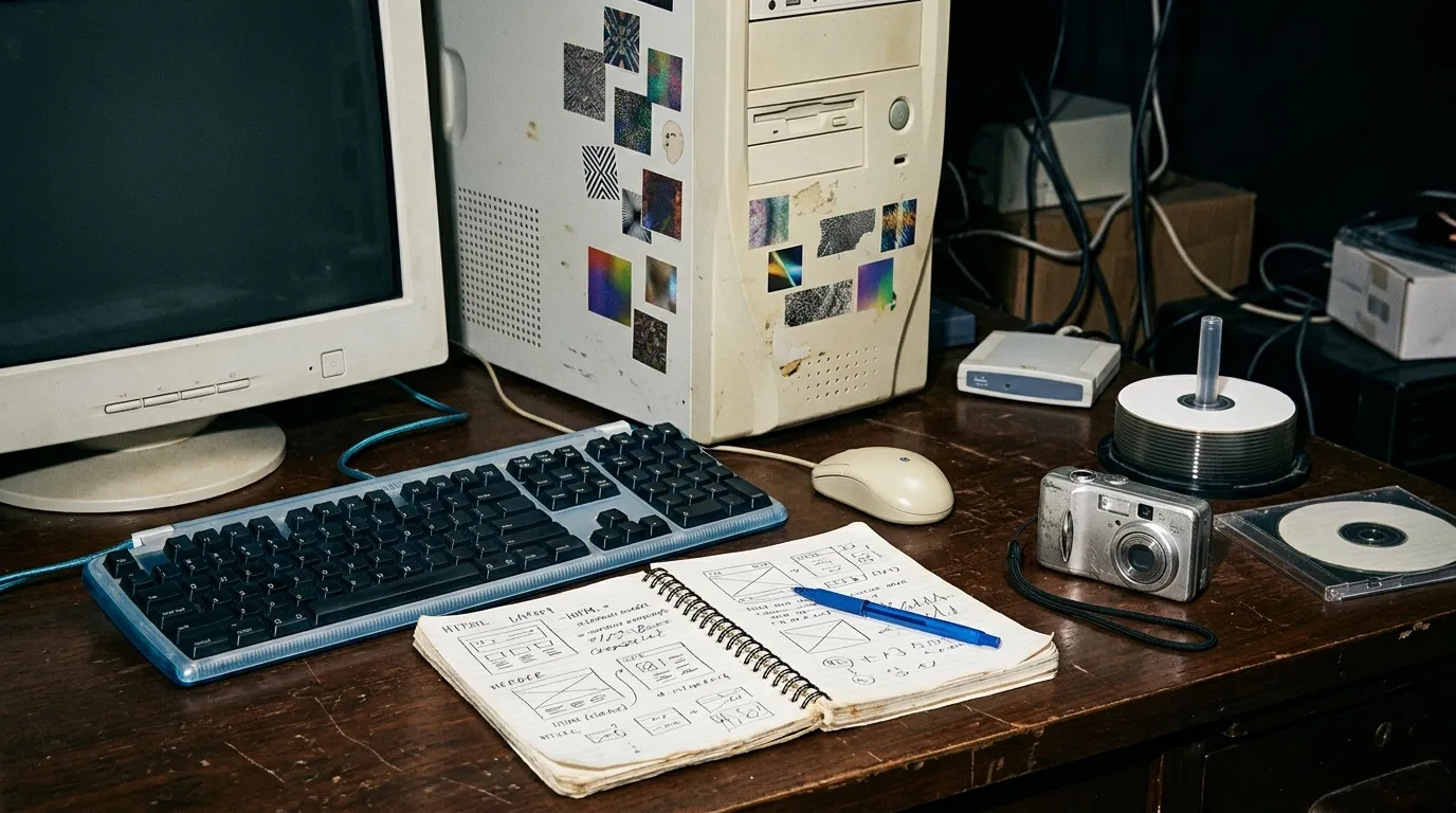 Early-2000s computer equipment, digital camera, CDs and a web design sketchbook