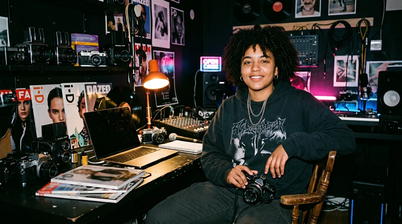 Independent creator standing in a dark studio with cameras, magazines and sound equipment
