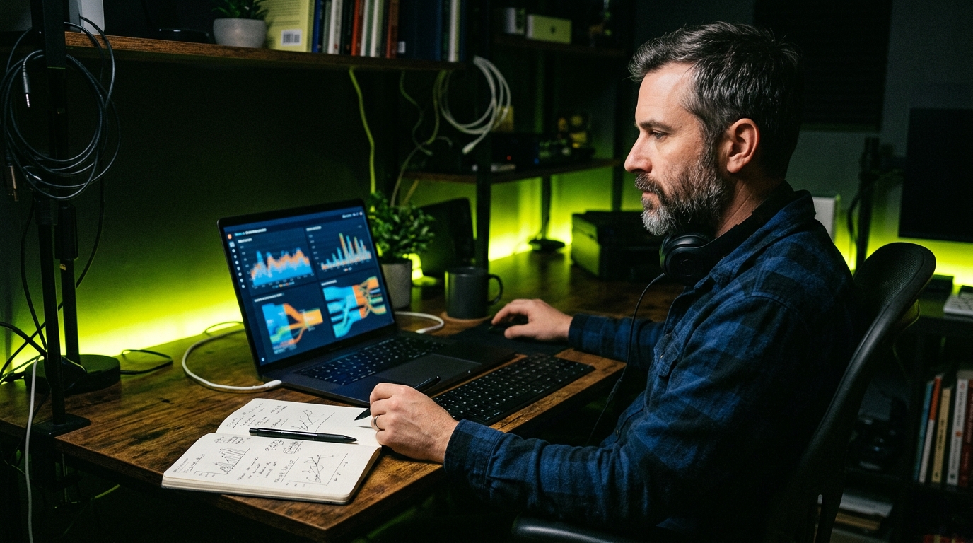 Independent publisher reviewing website analytics and crawler activity at a desk