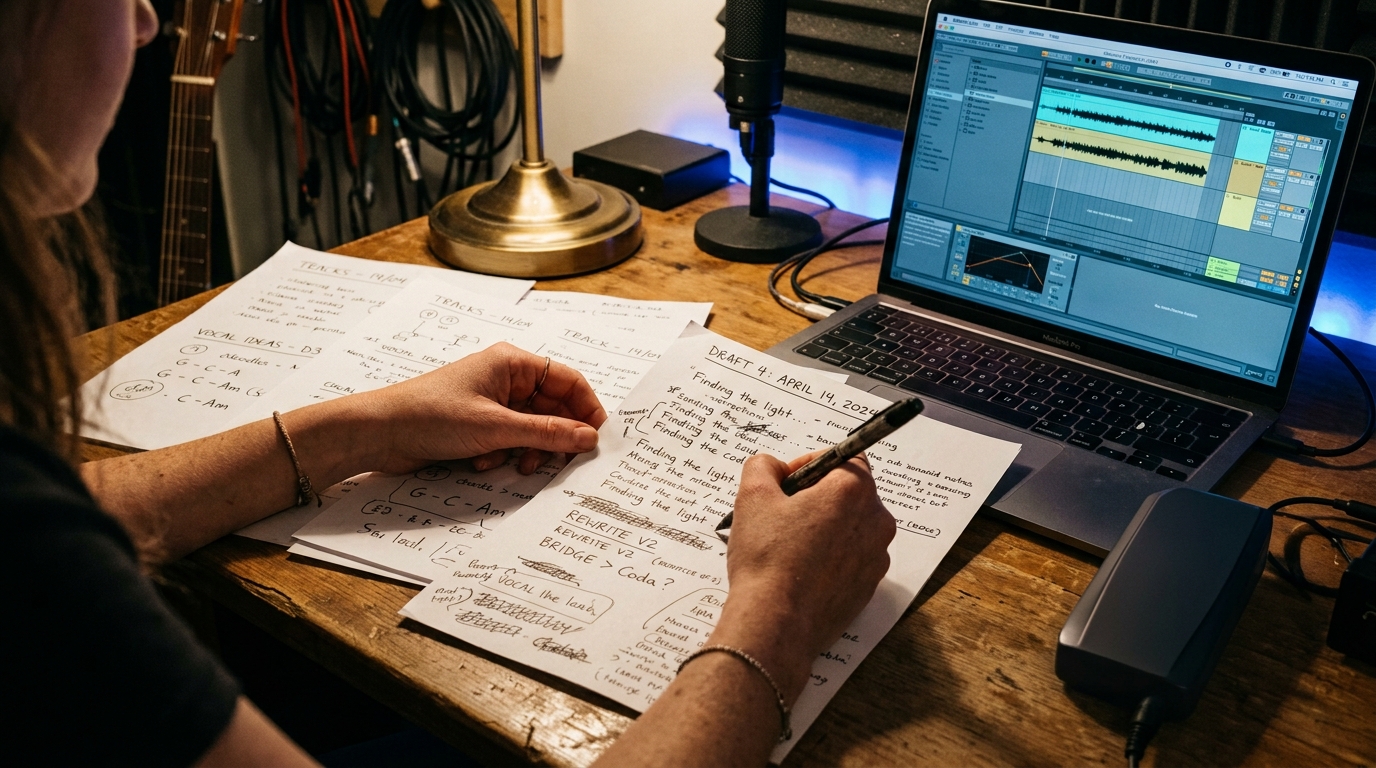 Independent publisher reviewing website analytics and crawler activity at a desk