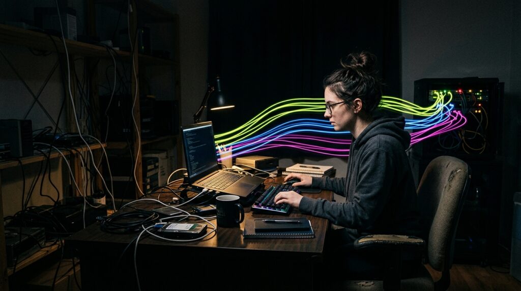 Independent publisher working at a computer as abstract crawler activity moves toward server racks