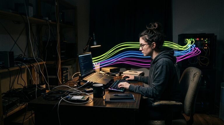 Independent publisher working at a computer as abstract crawler activity moves toward server racks