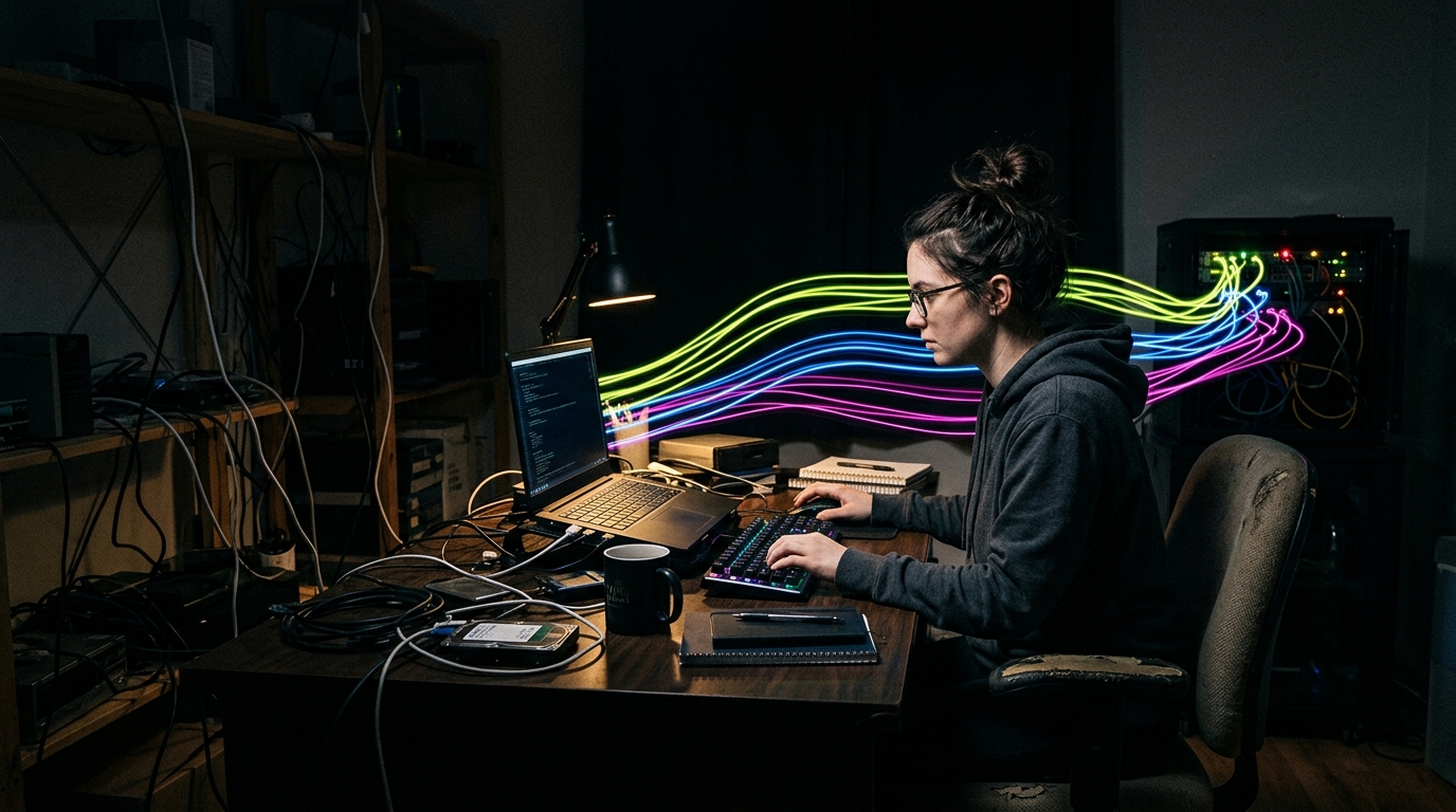 Independent publisher working at a computer as abstract crawler activity moves toward server racks