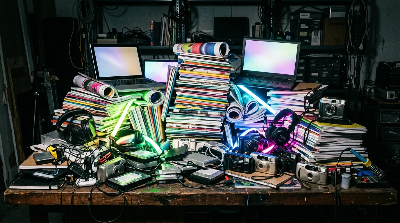 Magazines, cameras, hard drives and laptops arranged as a digital zine archive