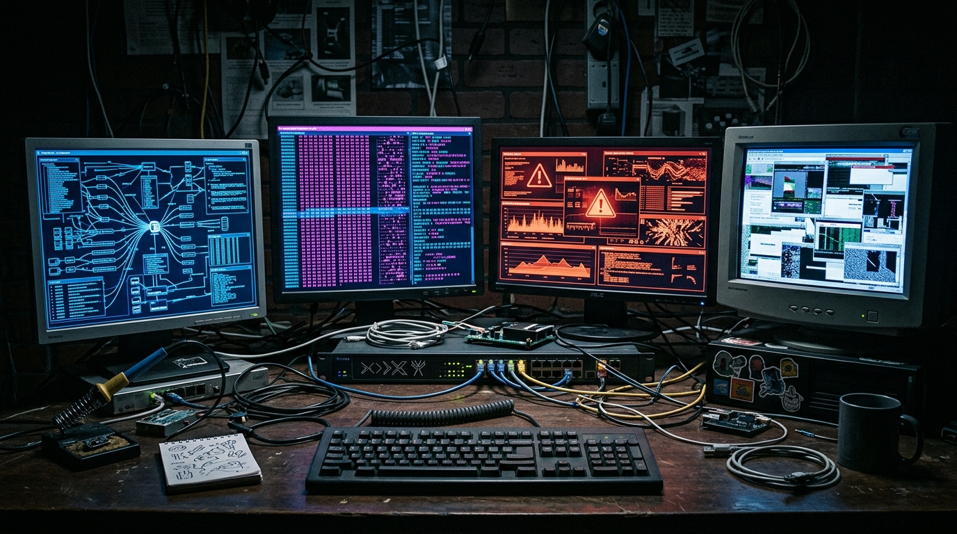 Multiple monitors displaying abstract crawler activity, server logs and security alerts