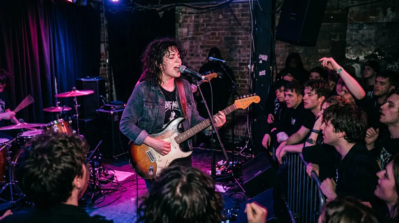 Musician performing in a small venue under magenta and blue stage lights
