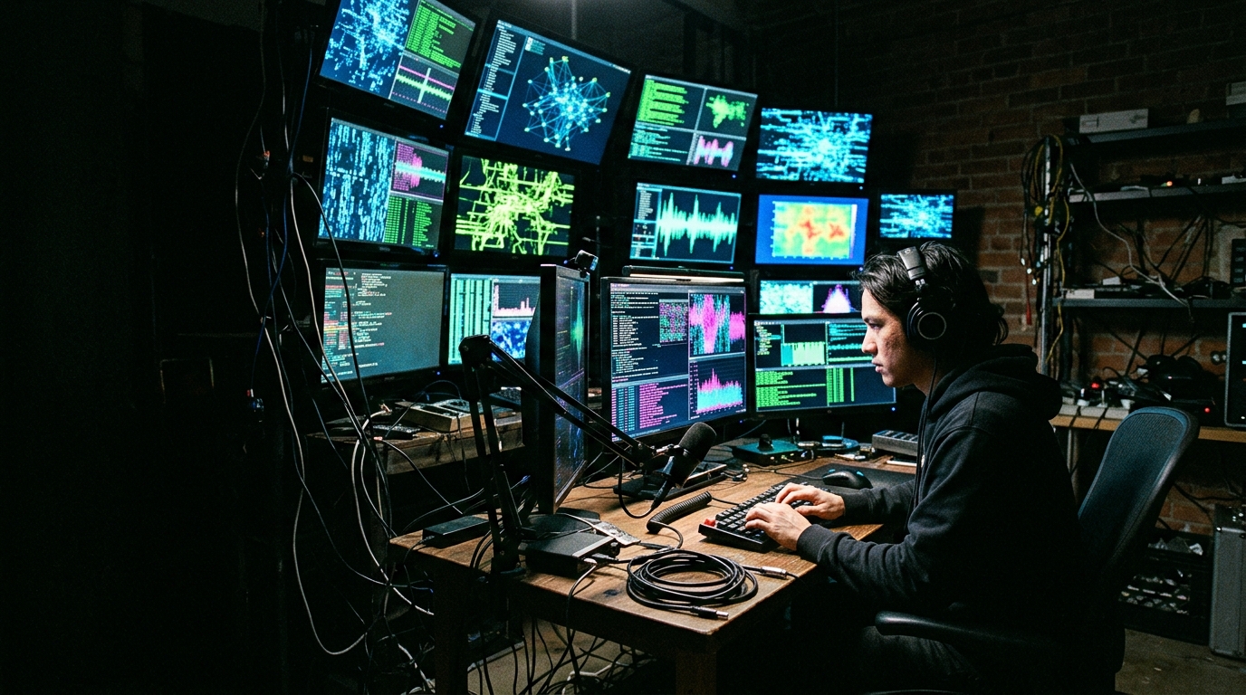 Person seated at a computer surrounded by monitors displaying abstract automated web activity
