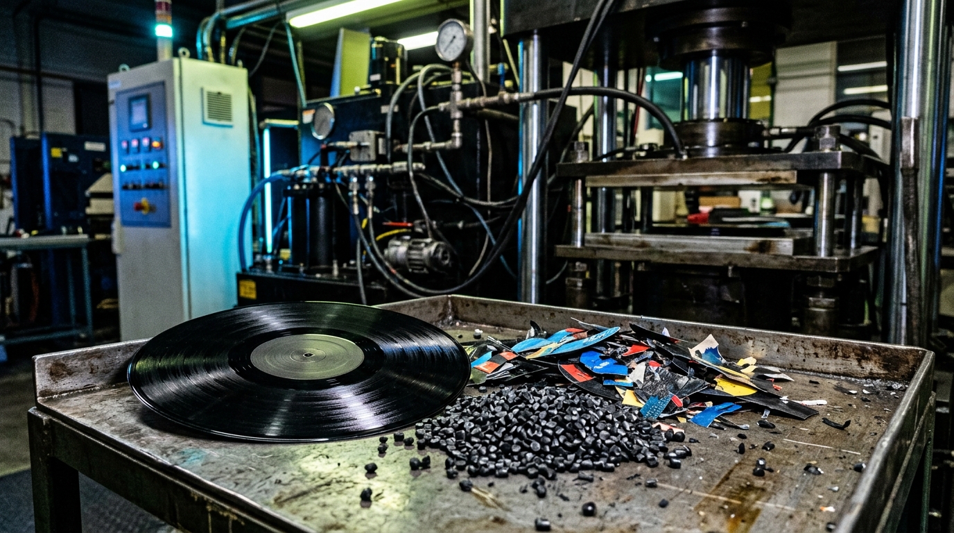 Recovered vinyl material displayed beside a newly pressed record inside a manufacturing plant