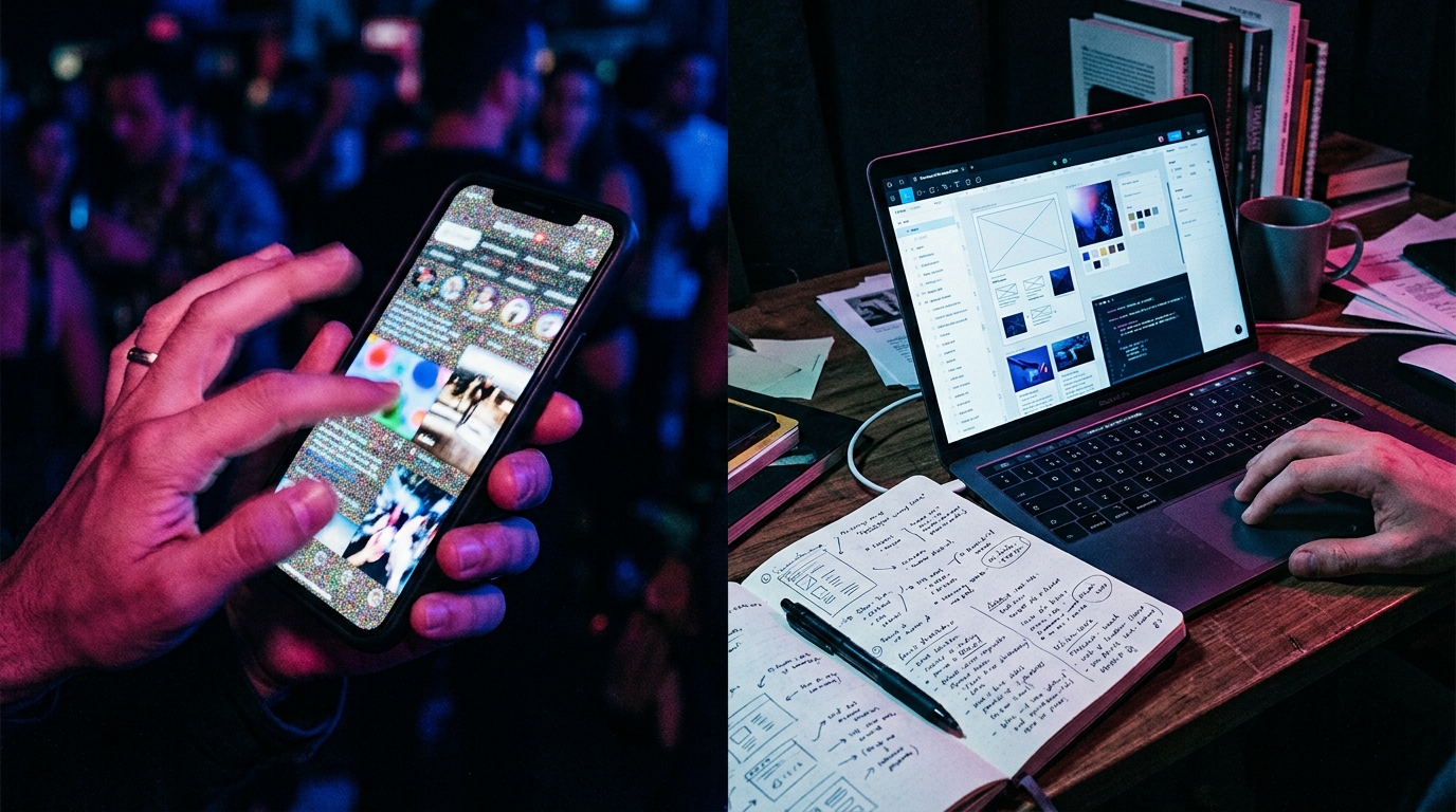 Smartphone scrolling shown beside handwritten notes and focused creative work on a laptop