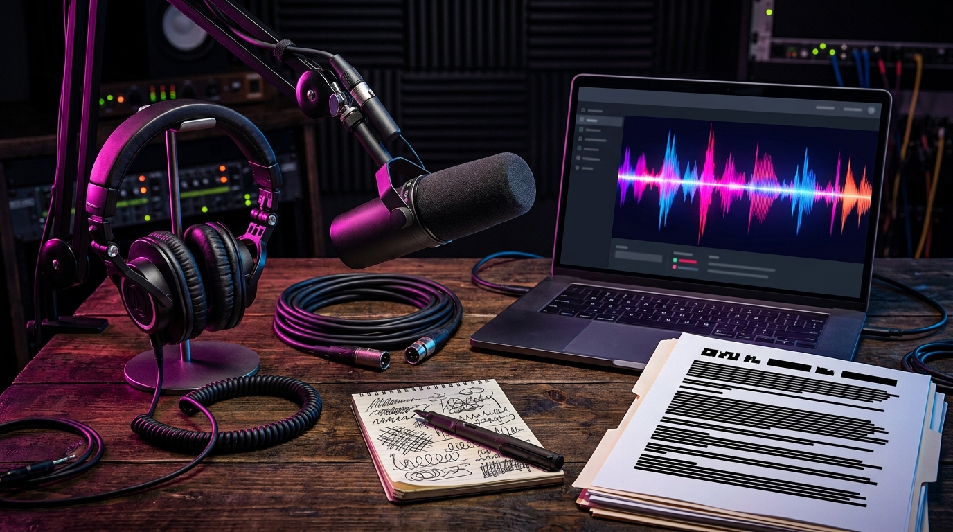 Studio microphone, headphones and a voice-licensing contract arranged beside an audio waveform