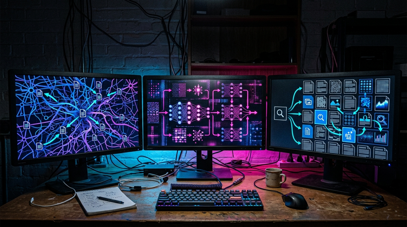 Three monitors displaying abstract search, AI training and content-retrieval activity