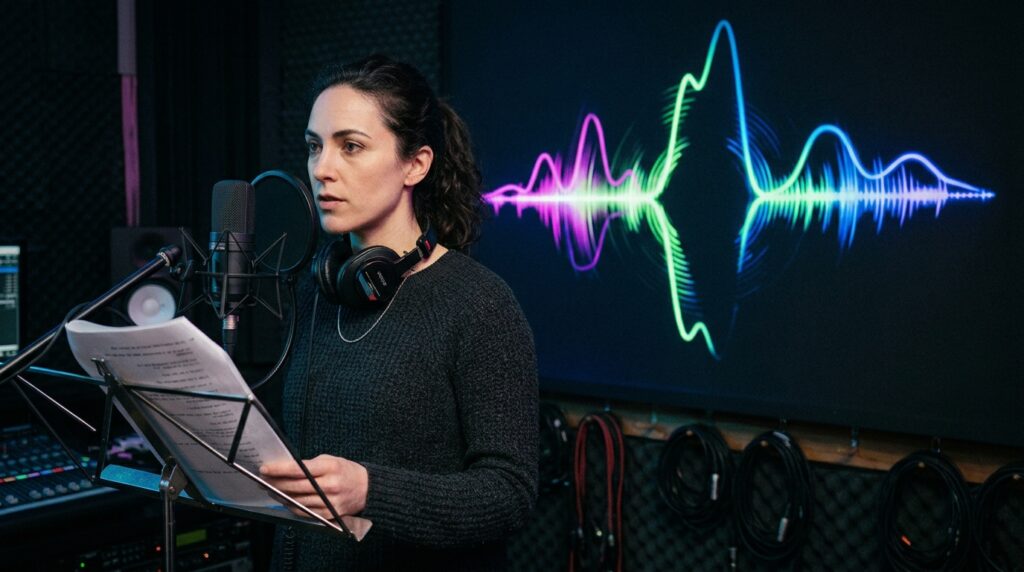 Voice performer standing at a studio microphone with an abstract duplicated waveform behind them