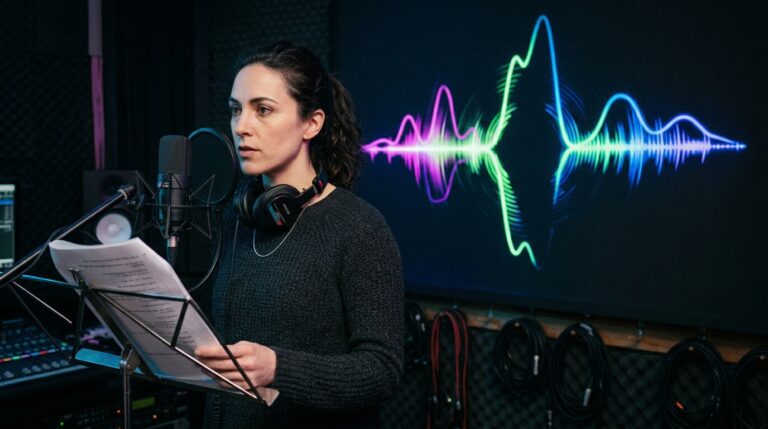 Voice performer standing at a studio microphone with an abstract duplicated waveform behind them