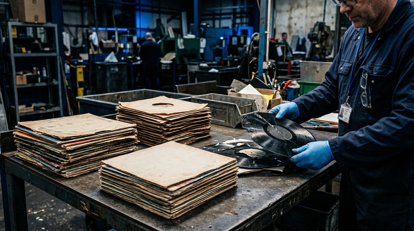 Worker sorting damaged vinyl records, paper sleeves and cardboard jackets for material recovery