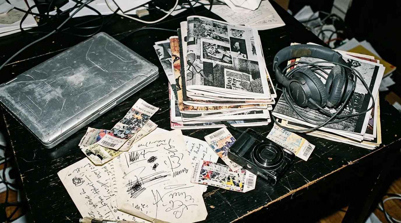 Zines, headphones, a compact camera and a laptop arranged on a dark editorial desk