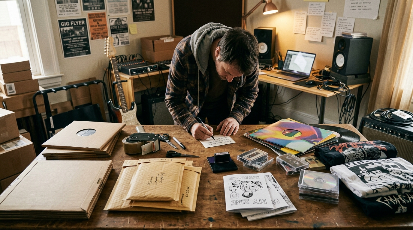 Independent musician preparing vinyl merchandise and music orders for direct supporters