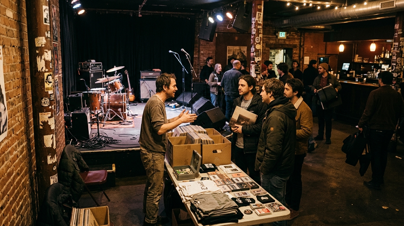 Independent musician selling merchandise directly to fans at a small concert venue