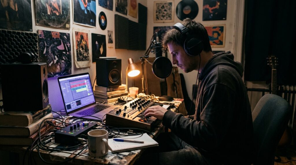 Independent musician working in a home studio amid the challenges of the 2026 music economy