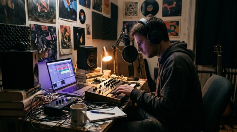 Independent musician working in a home studio amid the challenges of the 2026 music economy